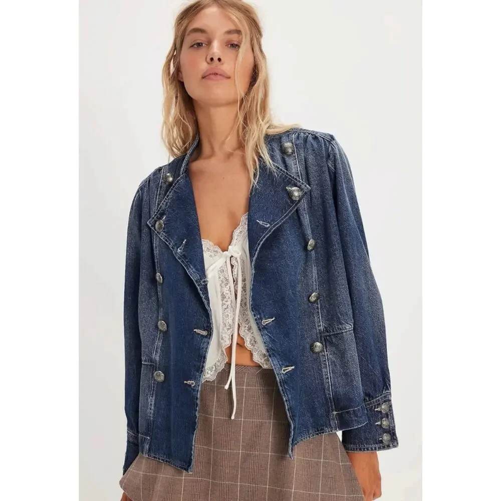 Free People Imogene Denim Officer Jacket in Ensign Wash Small Military Denim - Picture 2 of 16